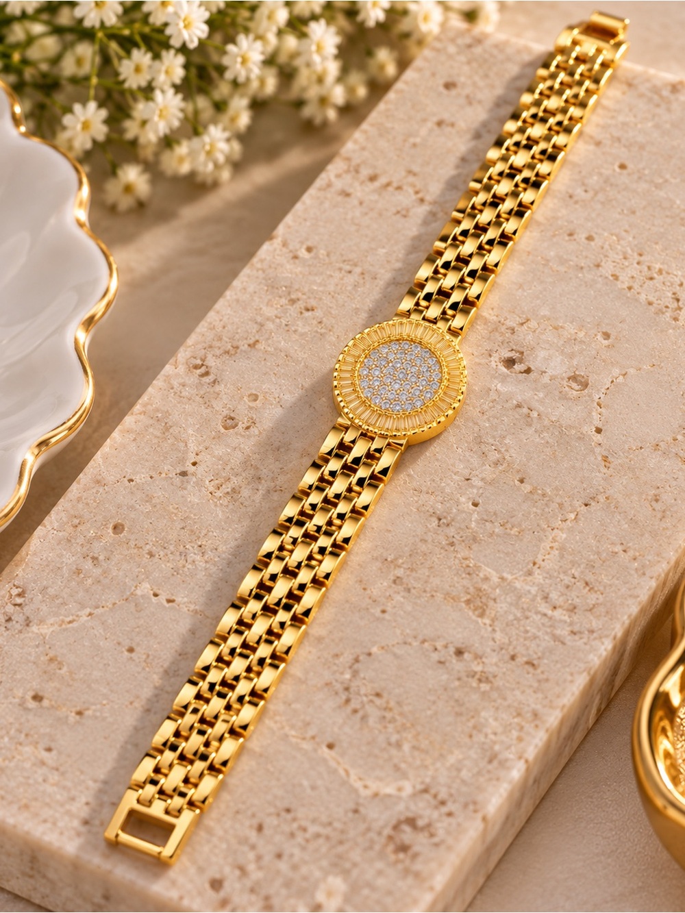 14K Gold Filled Multi Link Bracelet Round Medallion Statement Jewelry for Women